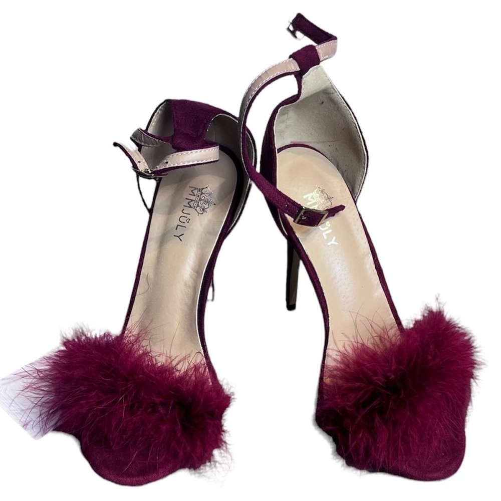 MMJULY Women's Open Toe Ankle Strap Fluffy Feather Stiletto High Heel Size 10